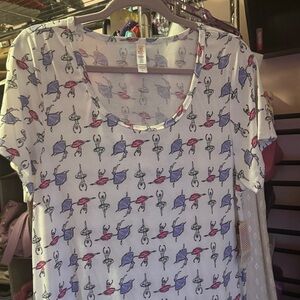 LuLaRoe White Top with Purple and Black Ballet Print